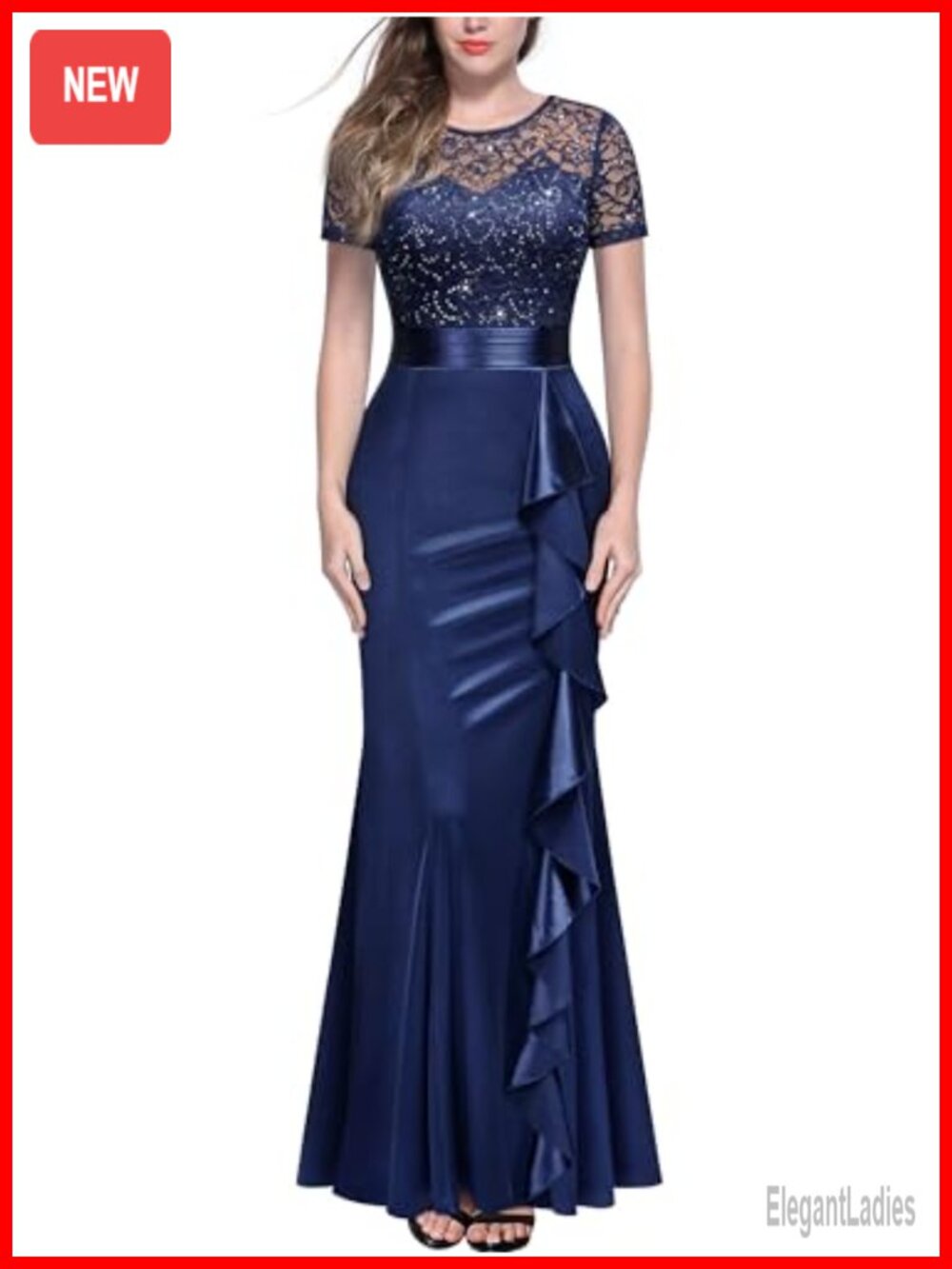 Miusol Sequin Lace Mermaid Formal Evening Dress Ruffle Satin Hem Maxi